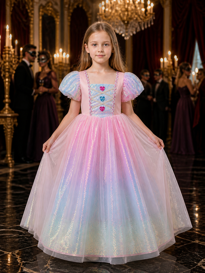 Girls' Rainbow Gradient Sequined Princess Dress with Puff Sleeves Costume Dresses detail