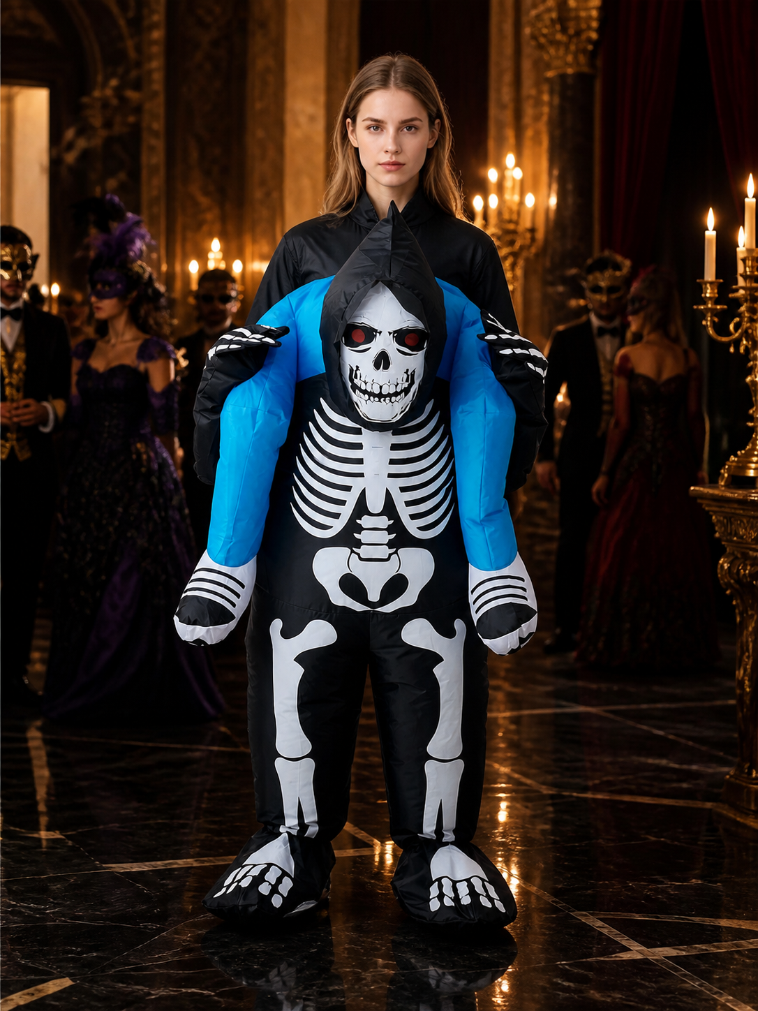 One-Piece Skeleton Costume with Head Mask, Blue Wings, and Attached Hands and Costume Masks detail
