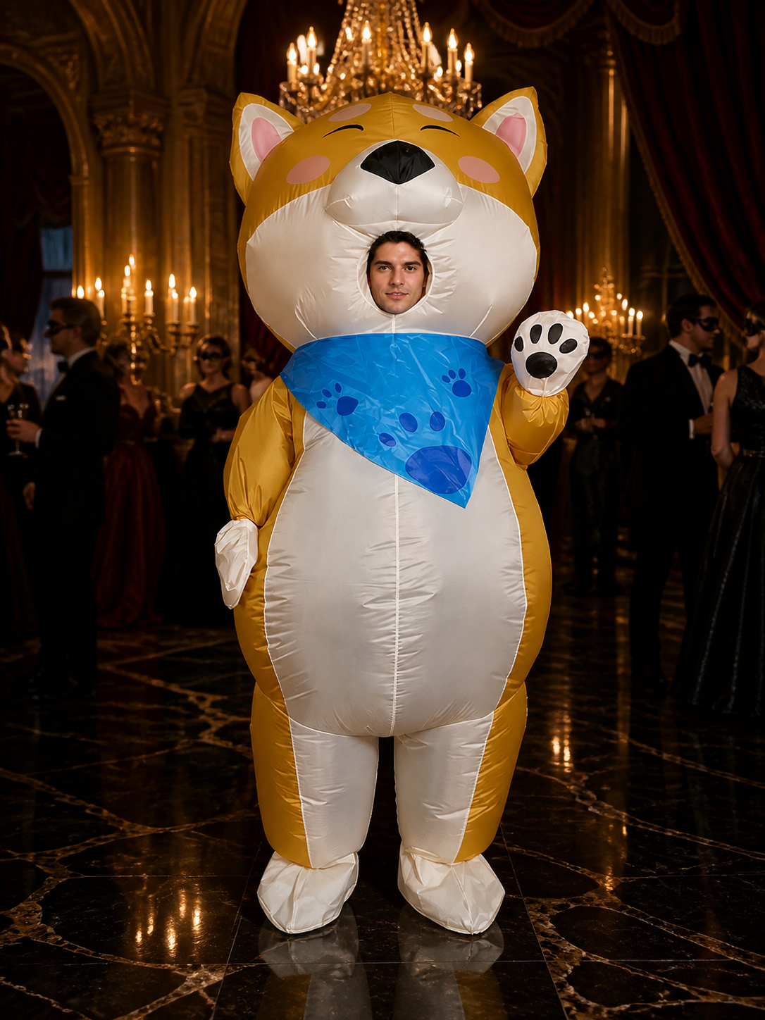 Adult Yellow Cat Inflatable Costume, Animal Suit with Blue Bib and Paw Prints Costumes detail