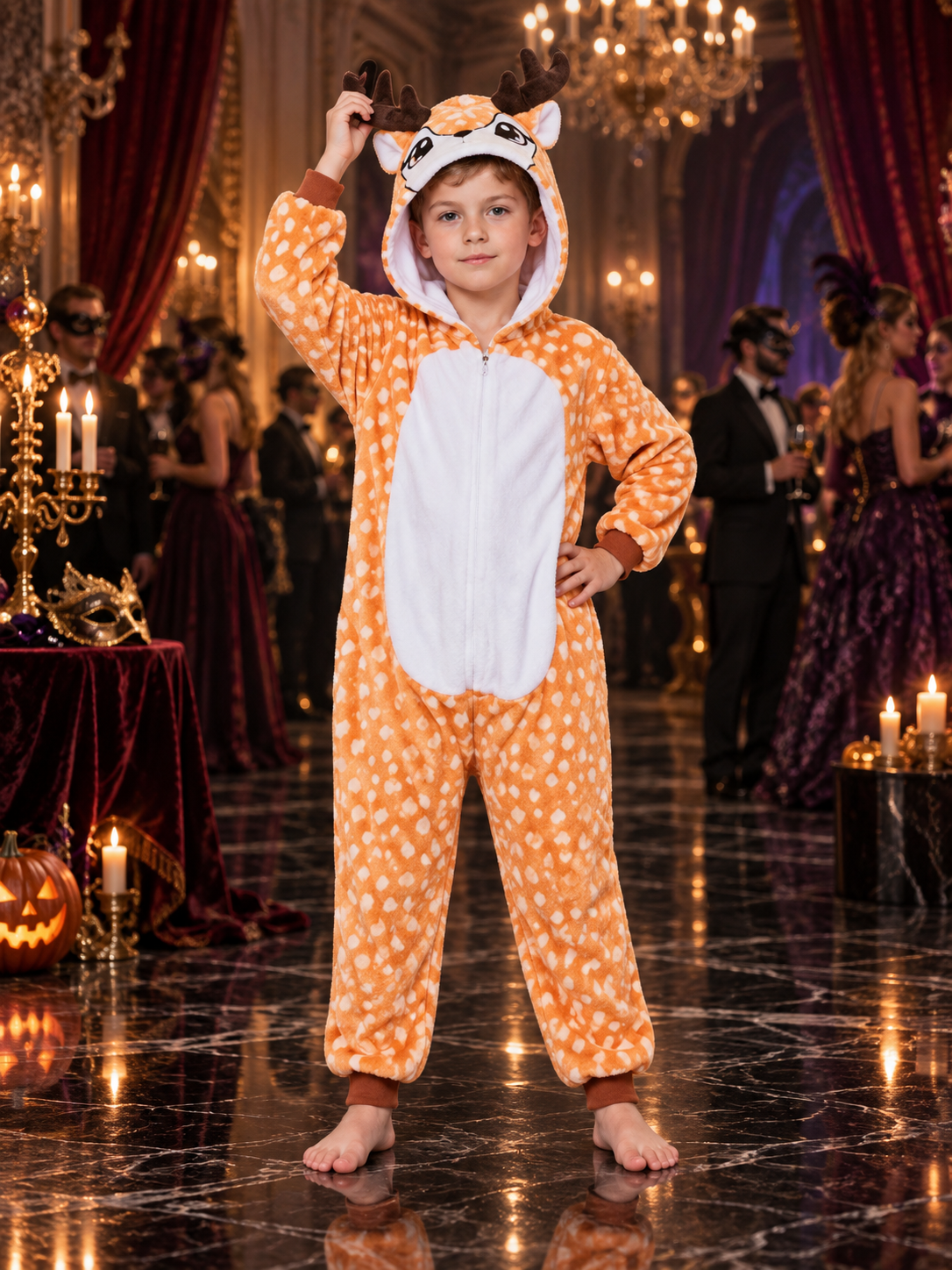 Orange Fleece Pajama Jumpsuit with Hood and Ears
