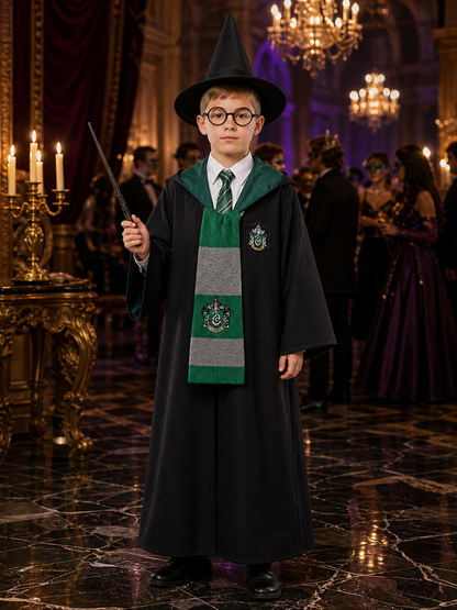Kids Slytherin Wizard Robe Costume Set with Green Tie, Scarf, Pointed Hat, Black Costume Headwear detail