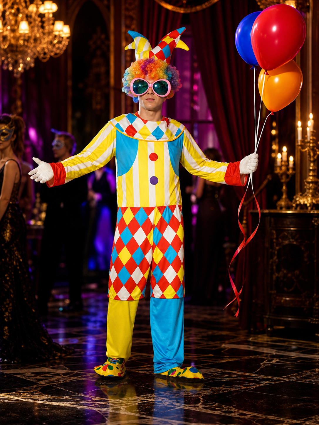 Unisex Clown Bodysuit Costume with Hat, Colorful Striped Jumpsuit for Halloween Costume Headwear detail