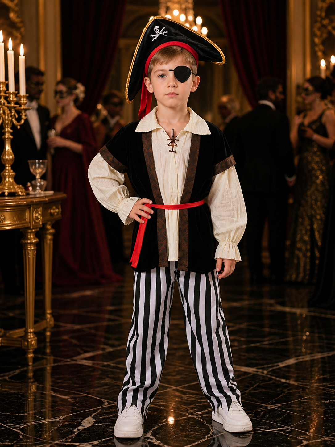 Kids Pirate Costume Set with Hat, Eye Patch, Striped Pants & Skull Print Top Costume Headwear detail