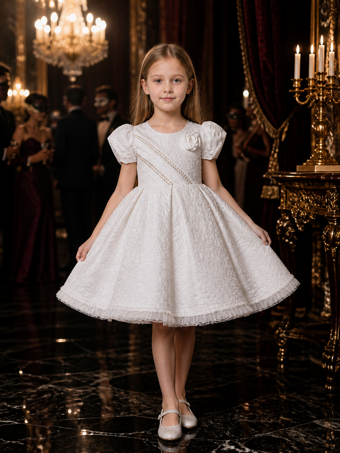 Girls' White Princess Dress, Short Sleeve Floral Embossed Full Skirt Dress Costume Dresses detail