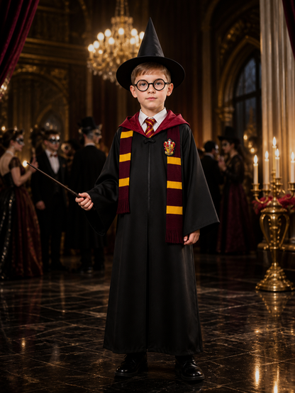 Wizard Robe Costume Set With Hooded Cloak, Hat, Glasses, Tie, Scarf And Wand Costume Capes detail