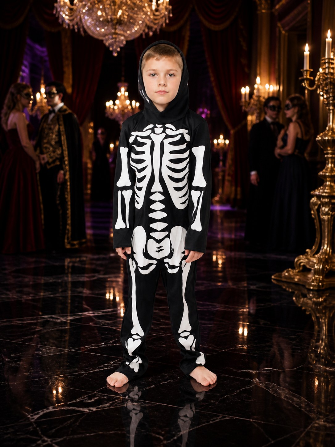 Unisex Skeleton Hooded Jumpsuit Costume with White Bone Print Costumes detail