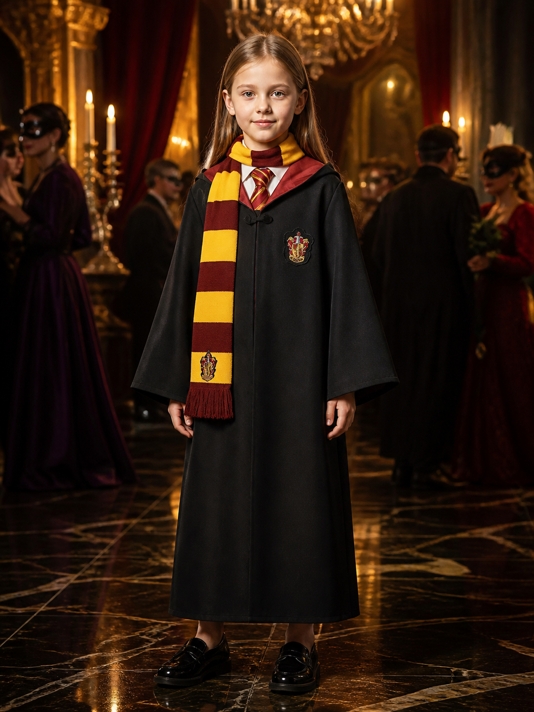 Black Wizard School Robe Costume Set, Long Hooded Cape with Burgundy and Gold Costume Capes detail