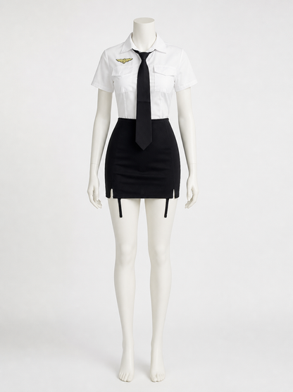 Women's Police Officer Costume Set, White Shirt Black Skirt with Tie Costumes detail