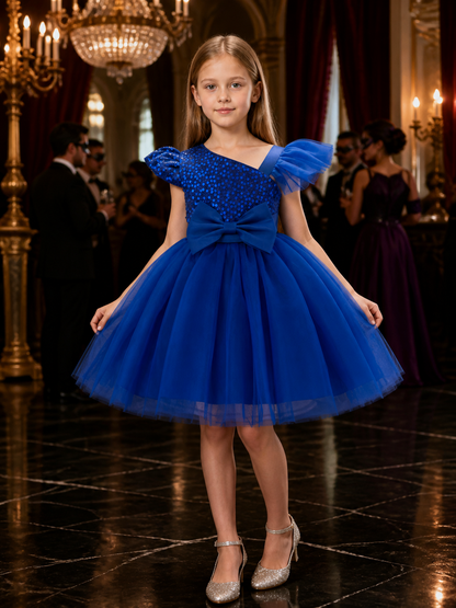 Girls' Blue Sequin Princess Dress With Mesh Skirt And Bow Costume Dresses detail