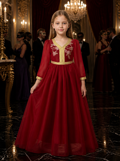 Girls' Red Princess Formal Dress with Gold Trim and Floral Embroidery, Long Costume Dresses detail