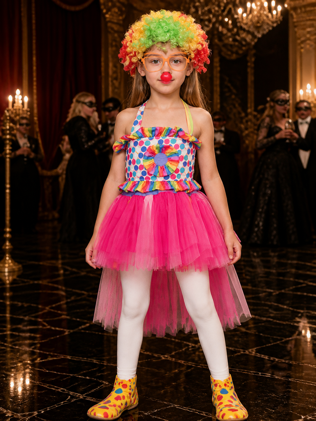 Kids' Clown Circus Costume with Polka Dot Top and Pink Tulle Skirt Costumes detail