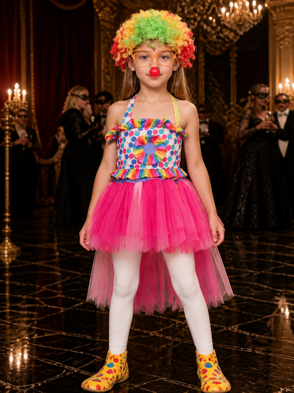 Kids' Clown Circus Costume with Polka Dot Top and Pink Tulle Skirt Costumes detail