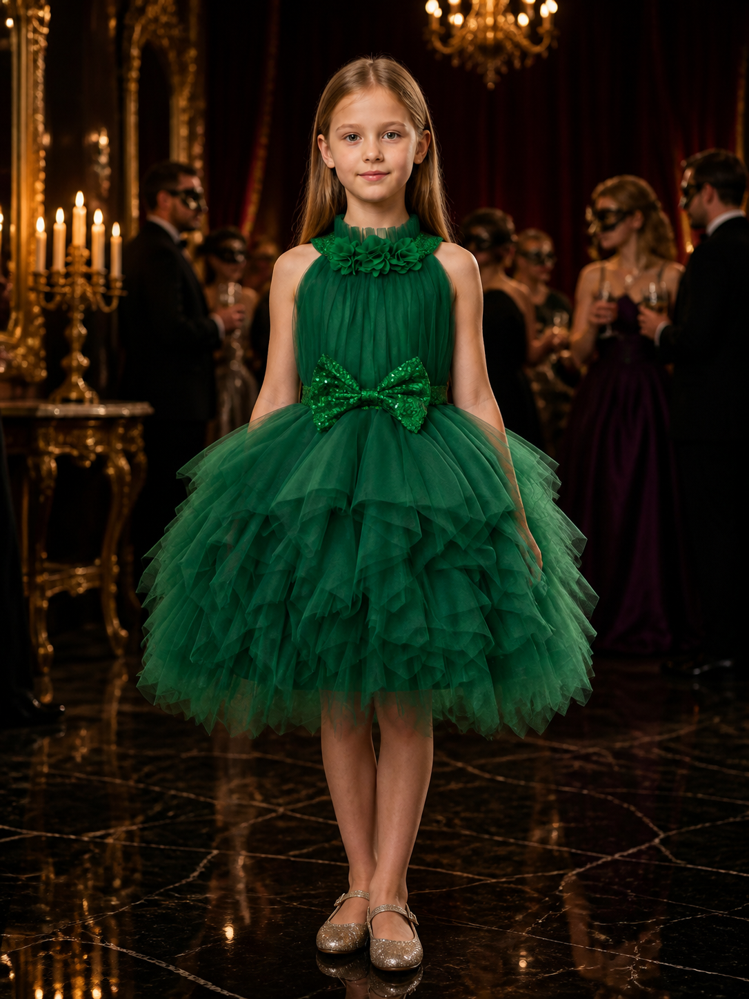 Girls' Christmas Princess Dress, Dark Green Sequined Bow, Layered Tulle Skirt Costume Dresses detail
