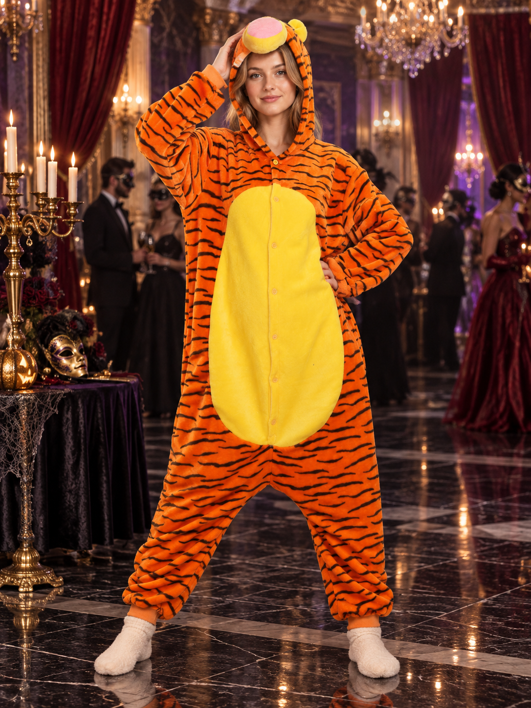 Orange hooded one-piece pajama with stripes