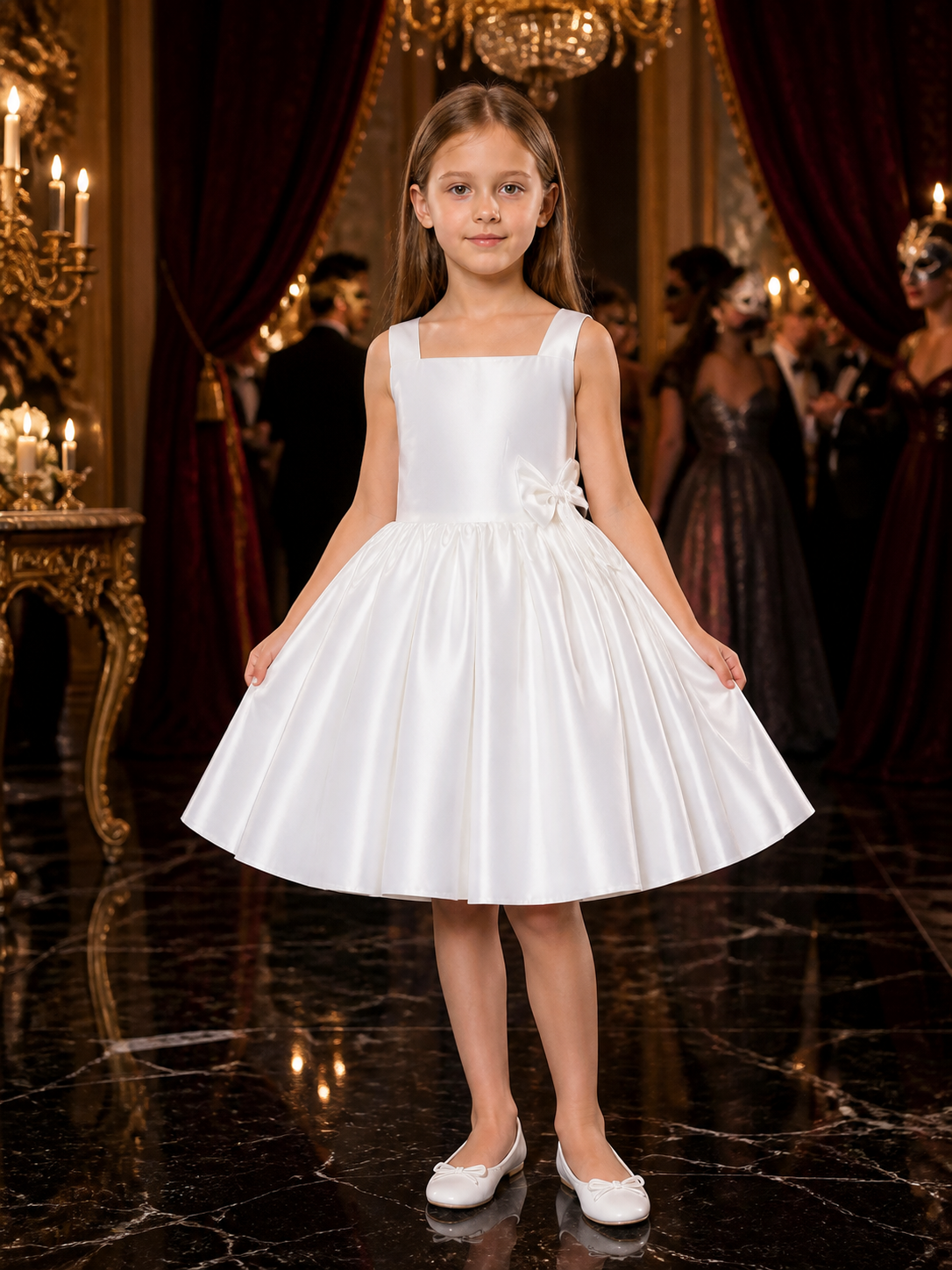 Girls' White Princess Dress with Bow Details, Sleeveless A-Line Formal Dress Costume Dresses detail