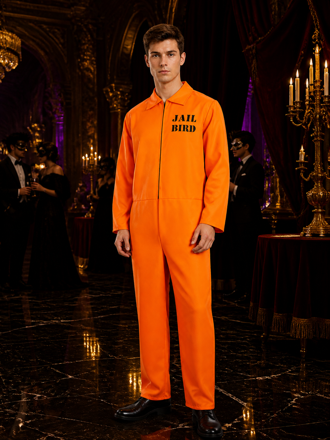 Orange Prisoner Jumpsuit Costume, Zip-Front Long-Sleeve Jailbird Cosplay Outfit