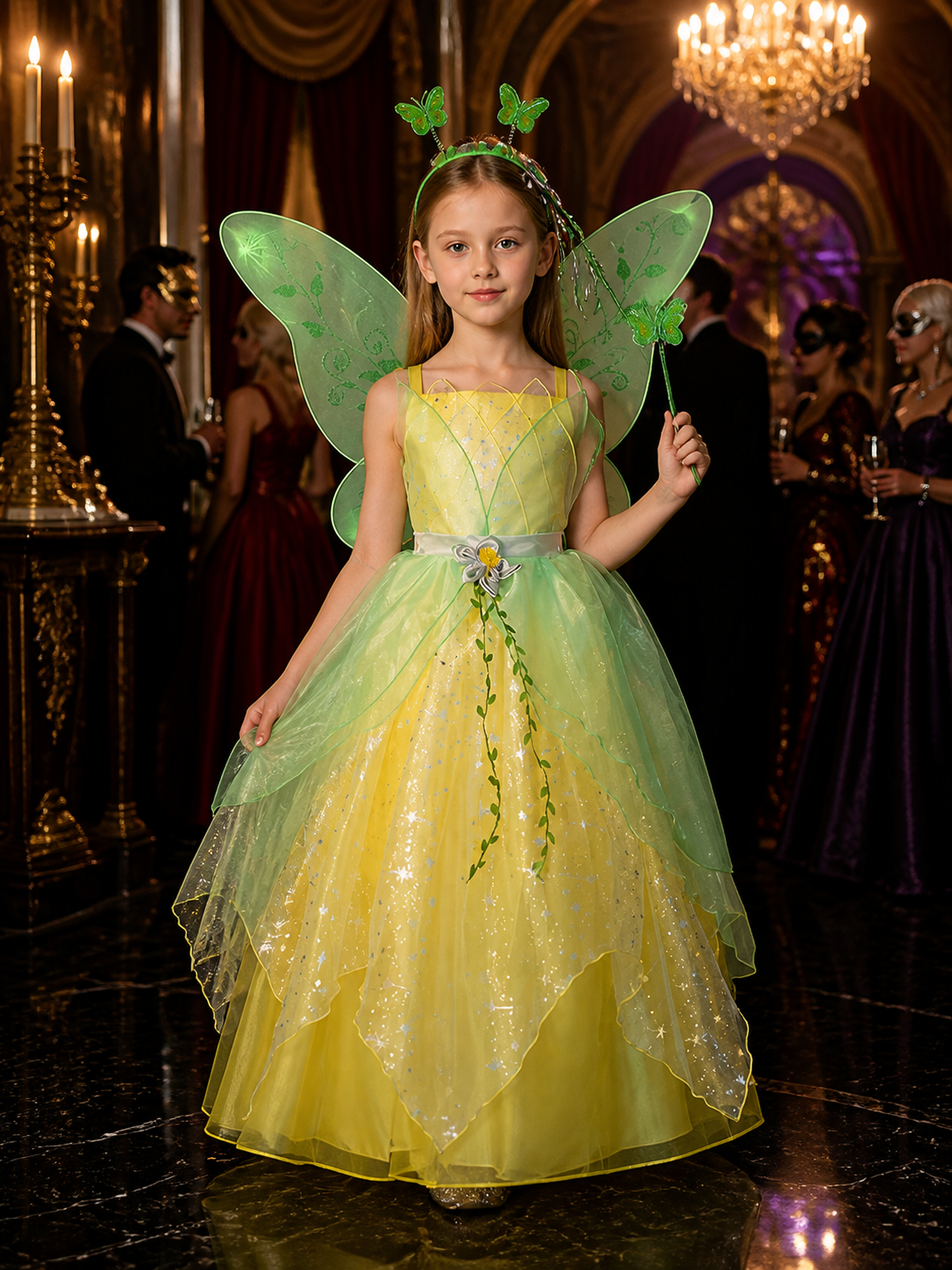 Girls Fairy Princess Costume Dress, Green Layered Tutu with Wings and Flower