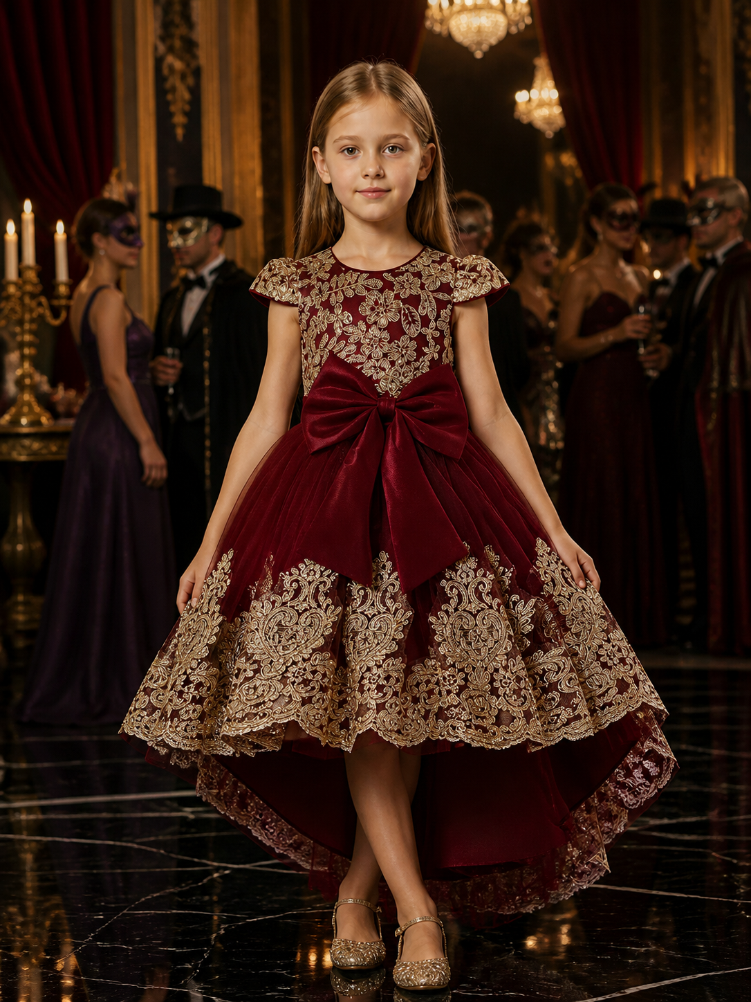Girls' Maroon Princess Dress with Gold Lace Embroidery, Bow and High-Low Train Costume Dresses detail