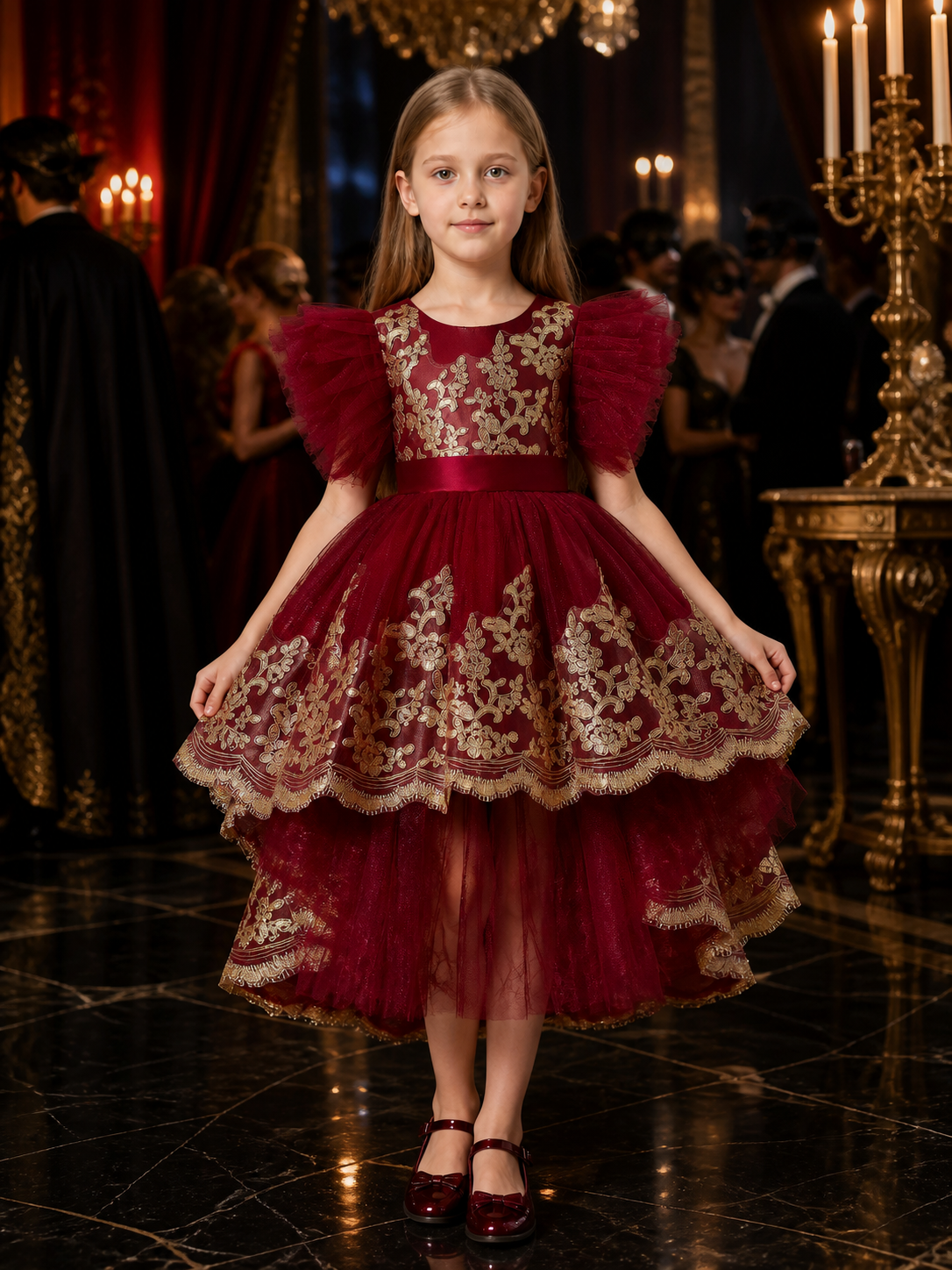 Girls' Toddler Princess Formal Dress with Gold Embroidery, Flutter Sleeves and Costume Dresses detail