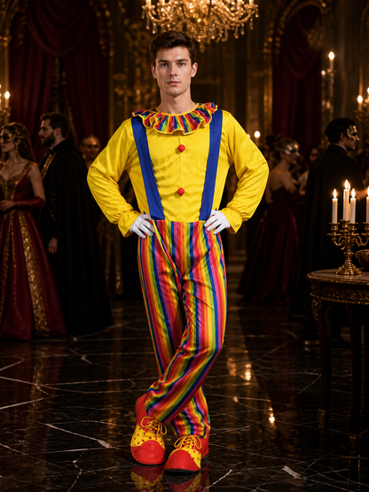 Adult Clown Jumpsuit Costume, Colorful Striped Bodysuit with Suspenders and Costumes detail