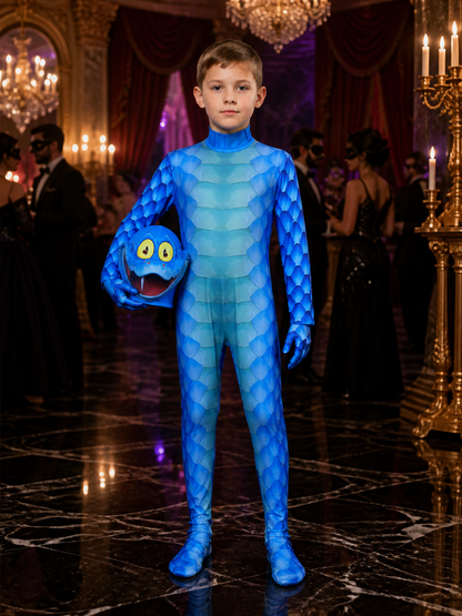 Kids' Gary Snake Costume, Blue Scaly Animal Jumpsuit with Headpiece & Gloves Costume Headwear detail