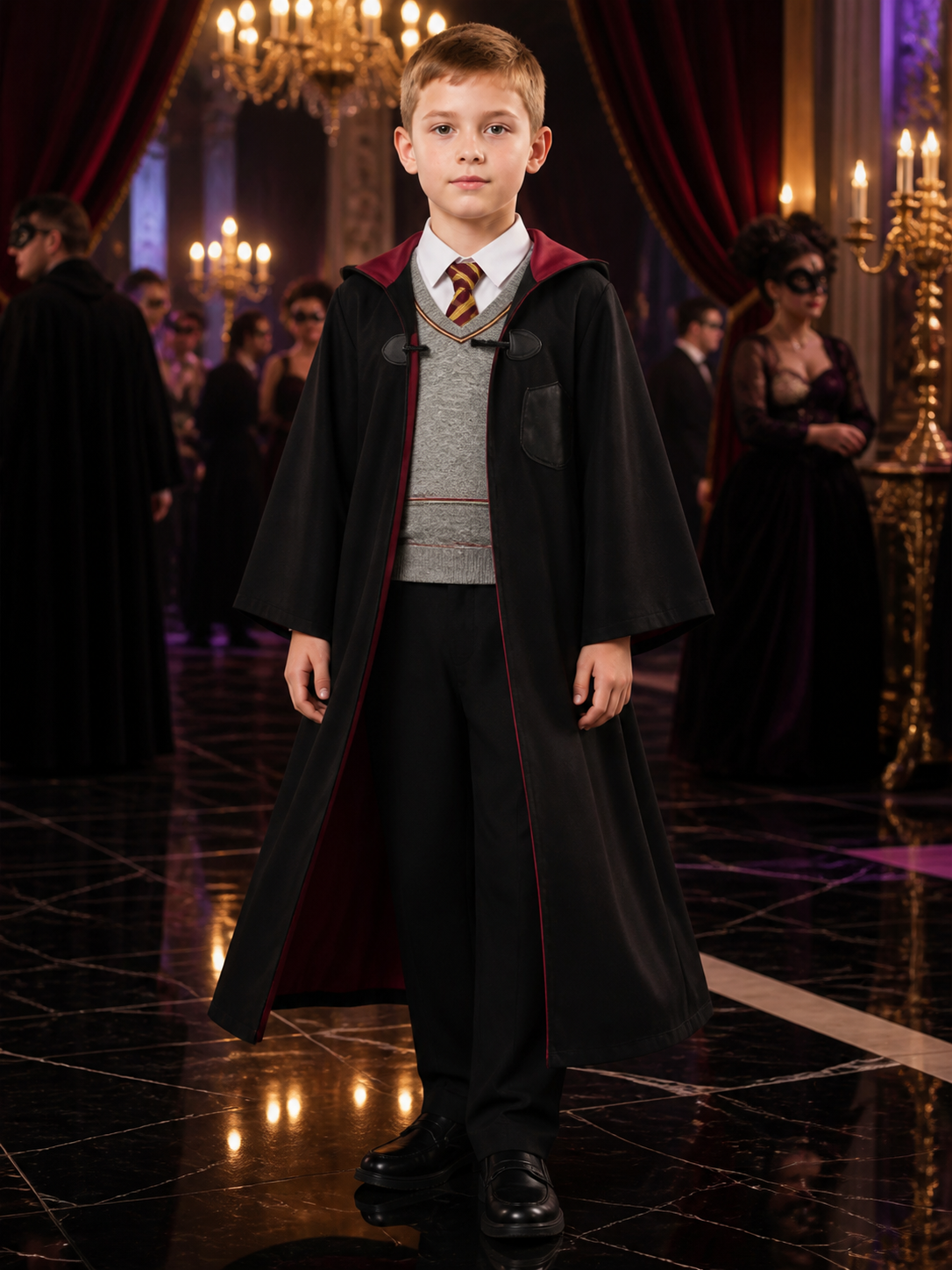 Kids Wizard Costume Set, Hooded Cape, Vest and Pants with Red-Gold Trim for Costume Capes detail
