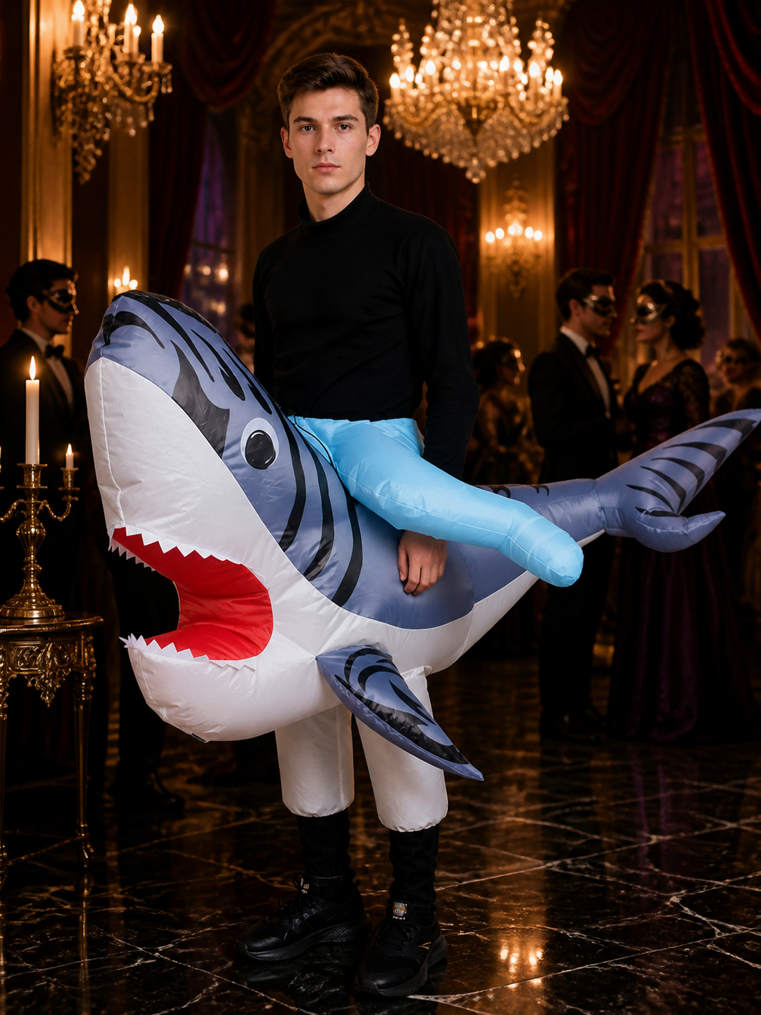 Inflatable Shark Costume for Adults, Funny Halloween Jumpsuit with Tail and Fins Costumes detail