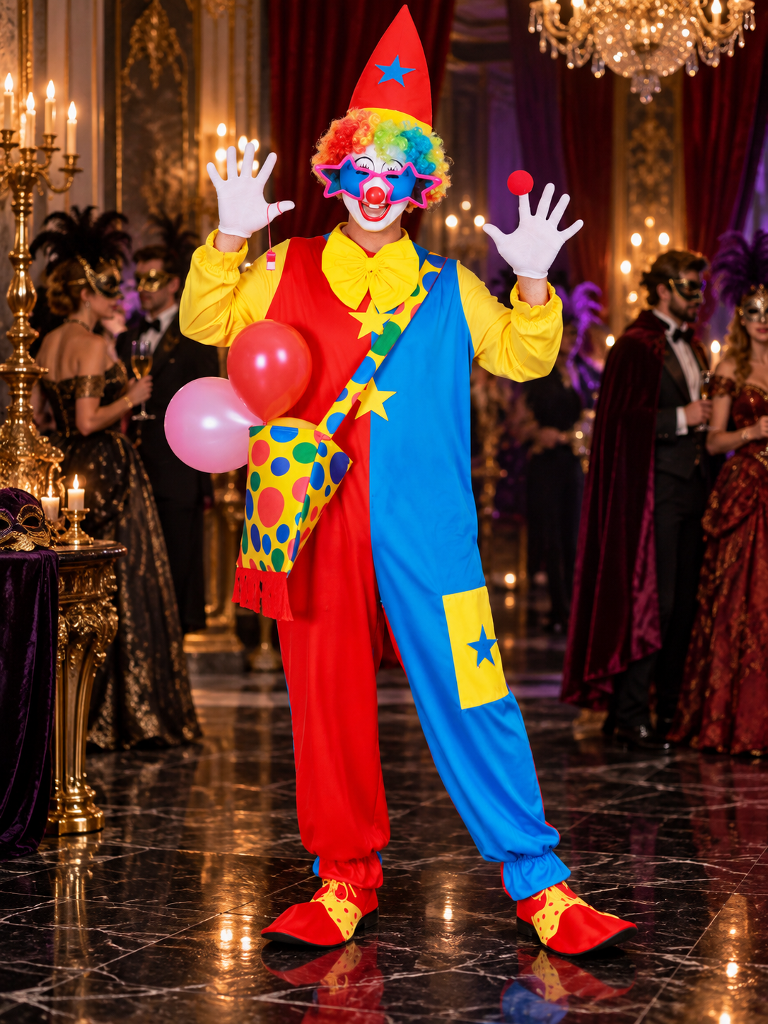 Adult Clown Costume, Red and Blue, with Wig and Mask
