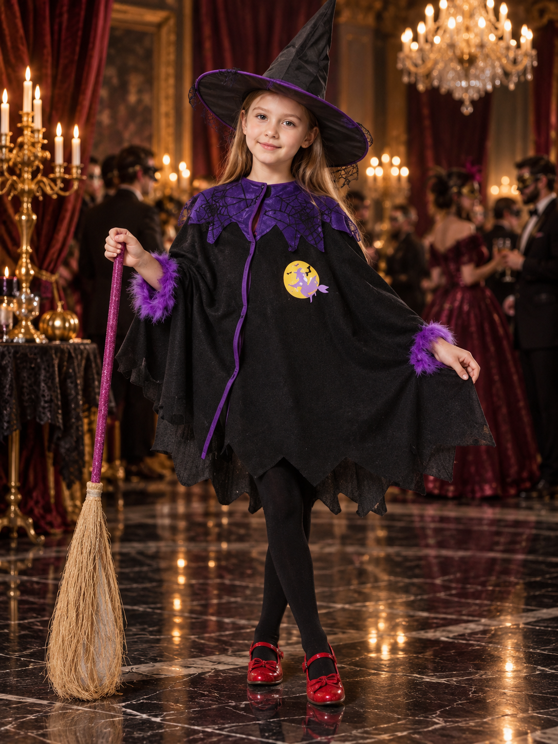 Kids' Witch Costume: Cape, Hat, Purple Trim