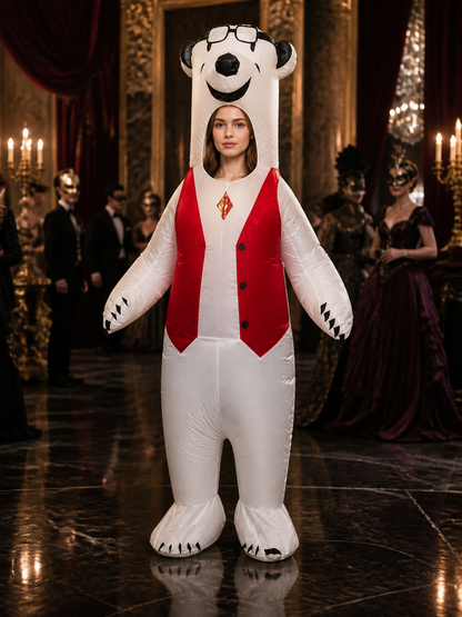Unisex White Polar Bear Animal Onesie Costume with Red Vest Front and Black Costumes detail