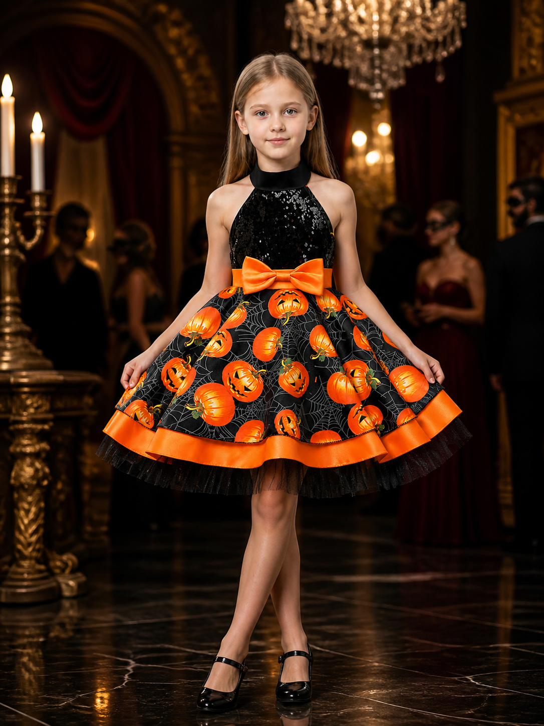 Girls' Halloween Pumpkin Spider Web Princess Dress, Black and Orange Tutu Costume Dresses detail