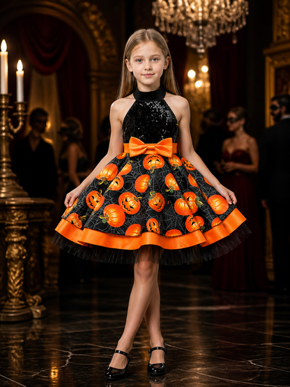 Girls' Halloween Pumpkin Spider Web Princess Dress, Black and Orange Tutu Costume Dresses detail