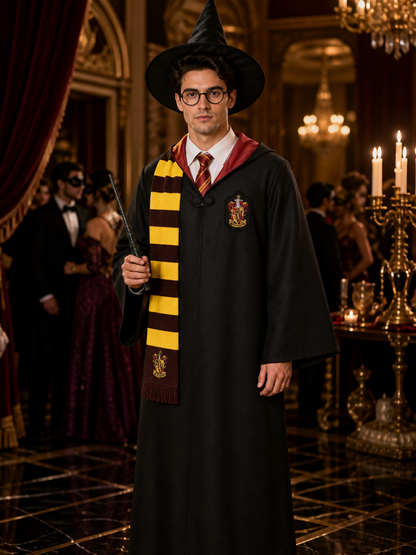 Wizard Costume Set with Robe, Hat, Scarf, Glasses, Wand, Shirt and Tie