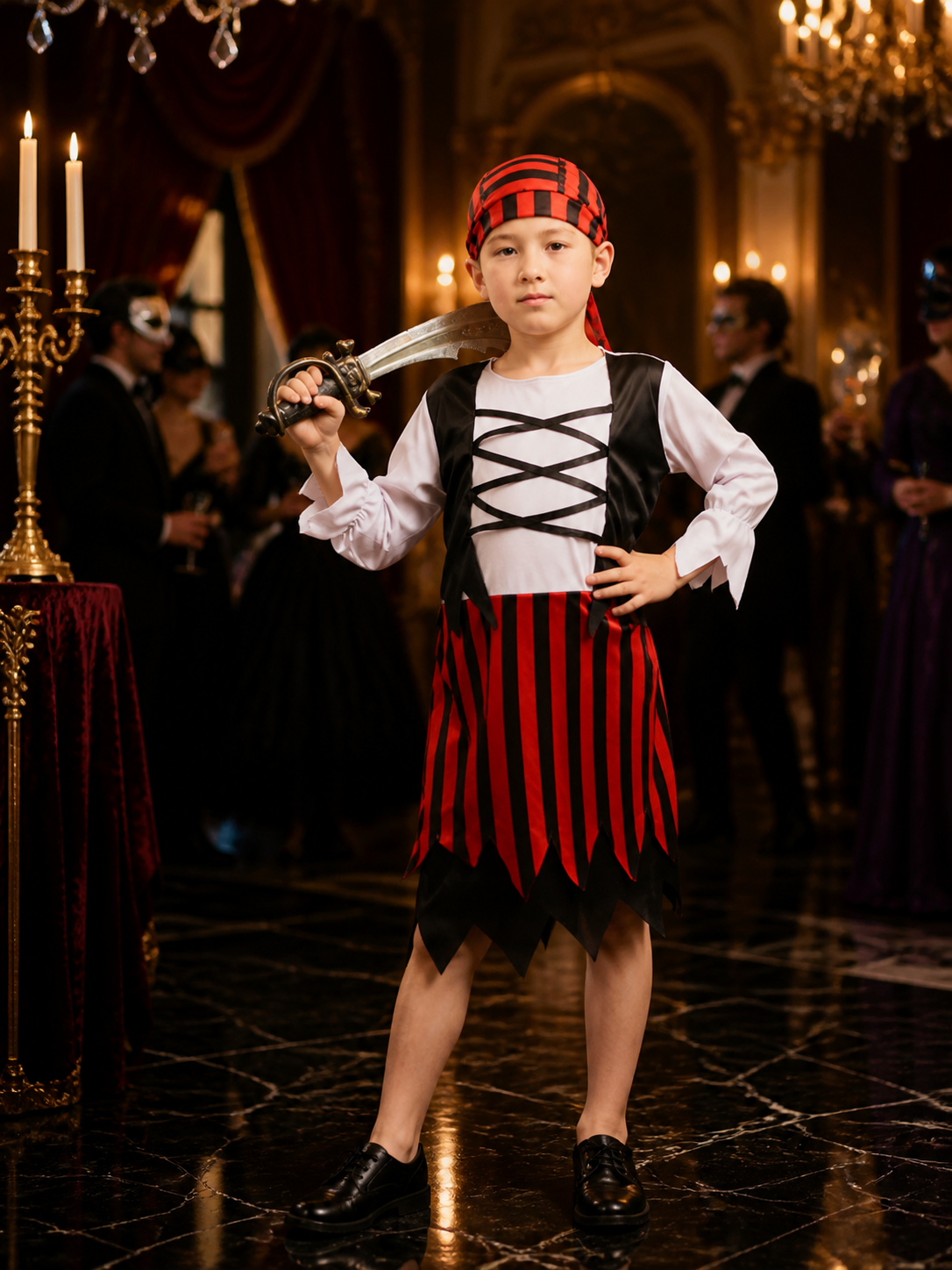 Children's Pirate Costume Set - Red Black Striped Dress & Hat for Halloween Costume Dresses detail