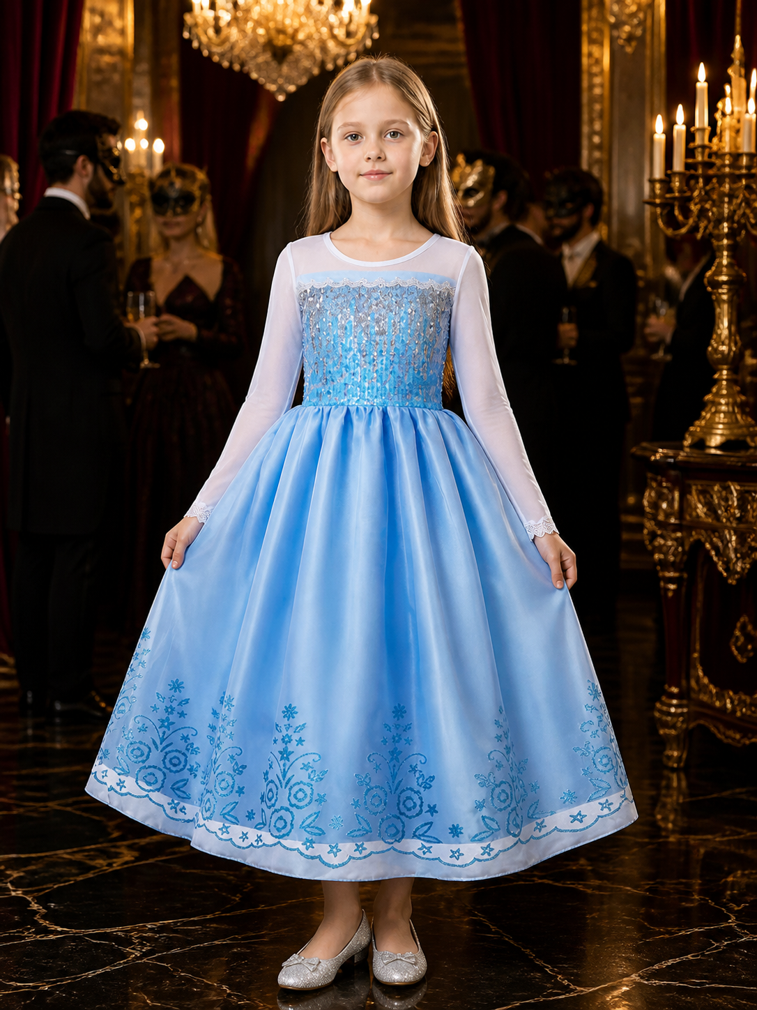 Kids Princess Dress Halloween Costume, Sequined Ball Gown with Star & Floral Costume Dresses detail