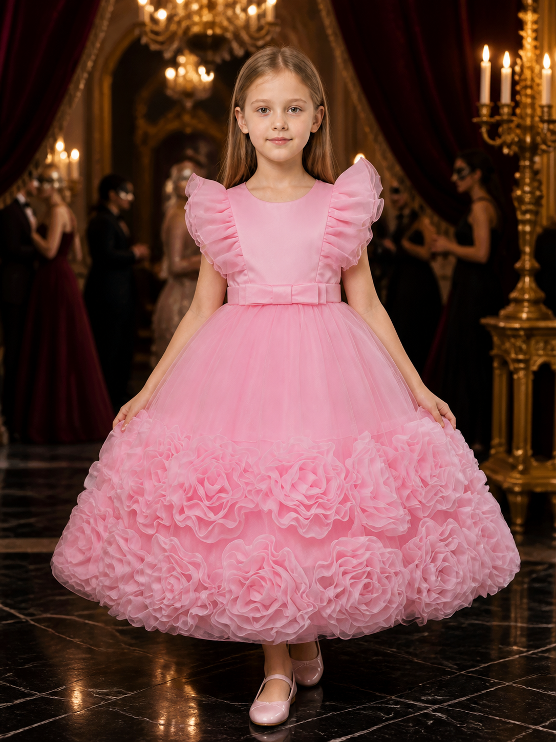 Toddler Girls' Pink Princess Party Dress With Puff Sleeves, Bow And Layered Costume Dresses detail
