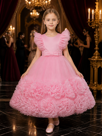 Toddler Girls' Pink Princess Party Dress With Puff Sleeves, Bow And Layered Costume Dresses detail
