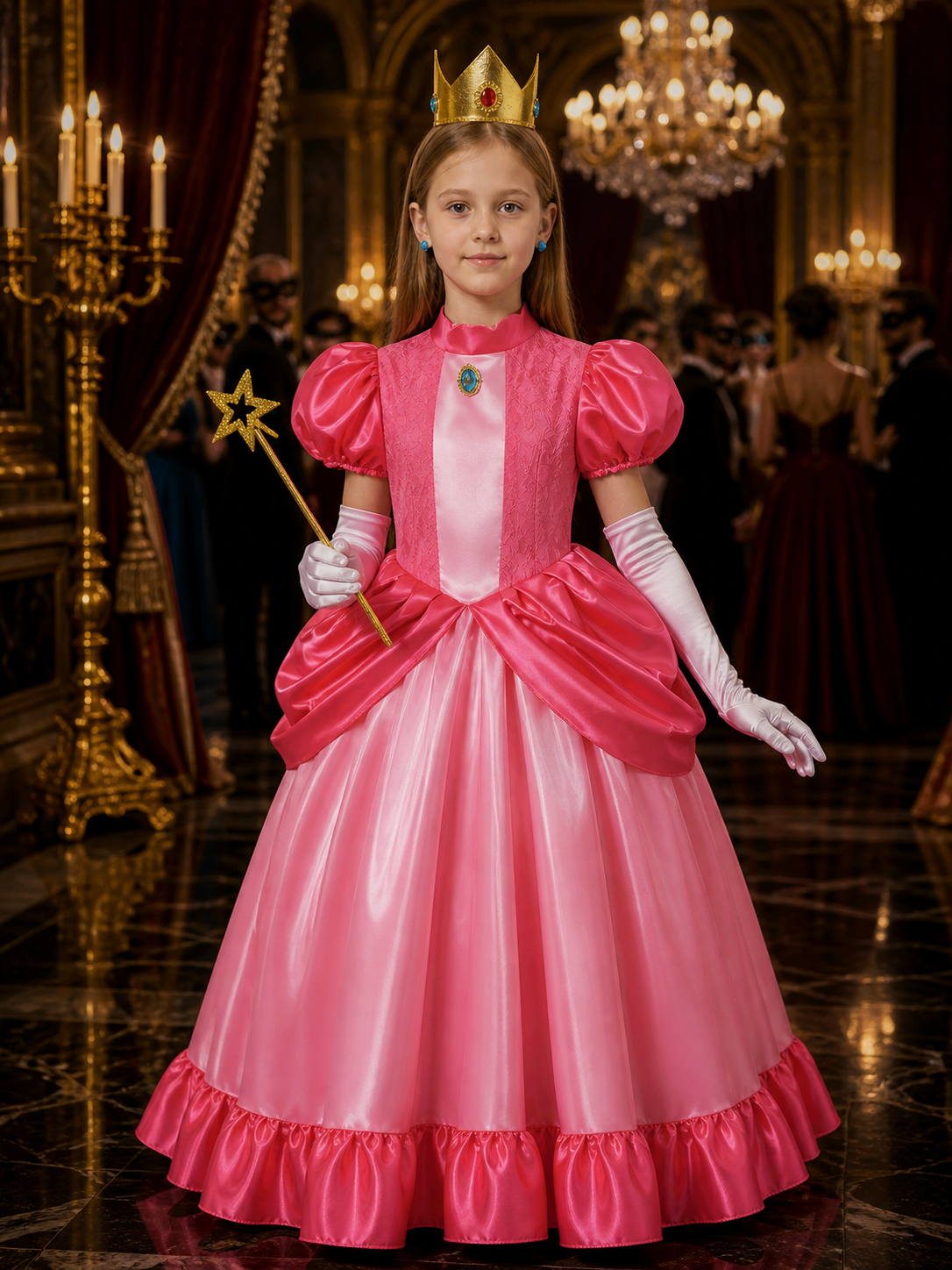Girls Princess Costume Set with Crown and Wand, Pink Lace Ball Gown for Costume Dresses detail