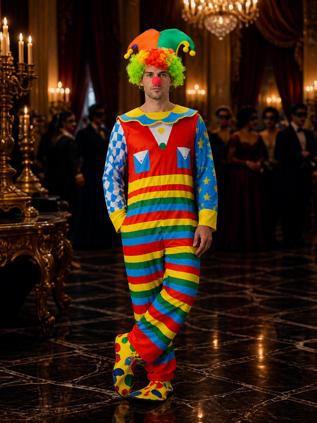 Unisex Halloween Joker Costume Jumpsuit with Hat, Multicolor Striped Clown Costume Headwear detail
