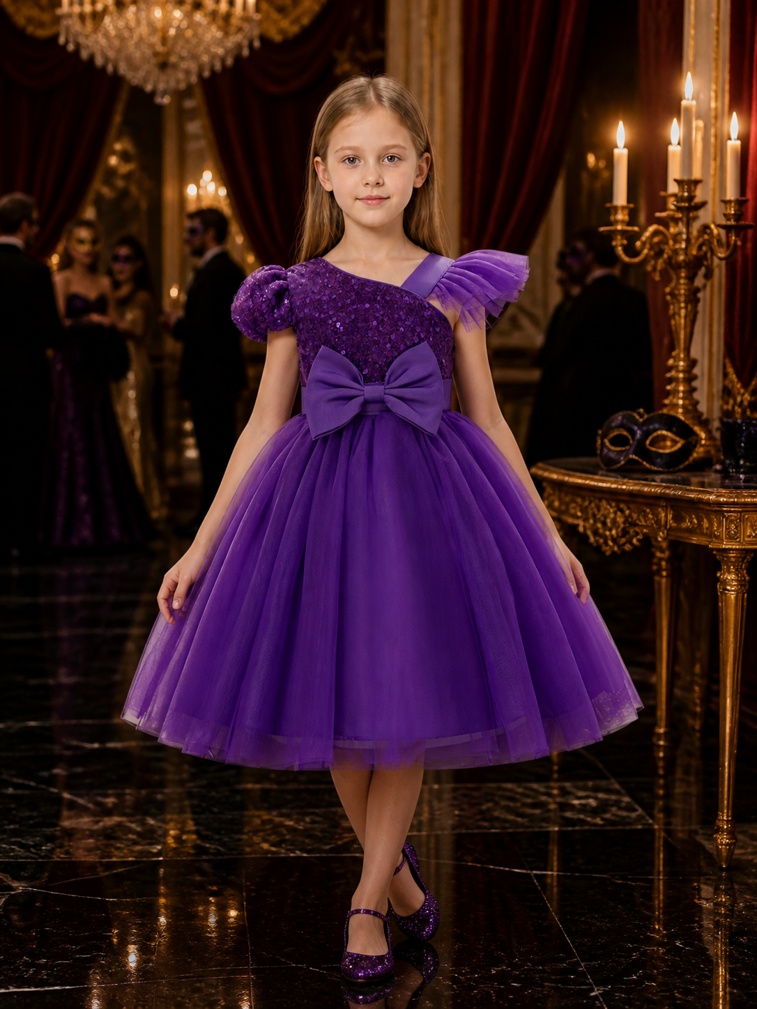 Toddler Girls' Purple Sequined Princess Dress, One-Shoulder Tulle Gown With Bow Costume Dresses detail