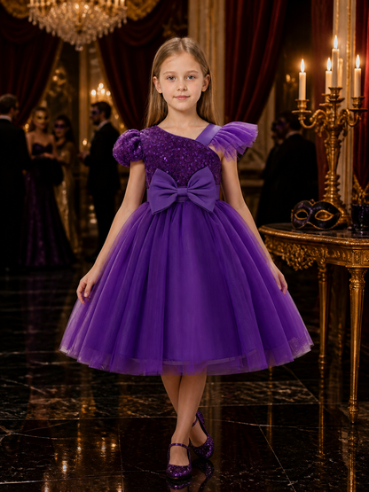 Toddler Girls' Purple Sequined Princess Dress, One-Shoulder Tulle Gown With Bow Costume Dresses detail