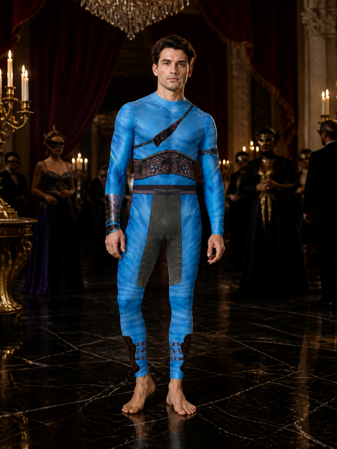 Blue Alien Armored Bodysuit Costume, High Collar Printed Halloween Outfit Costumes detail