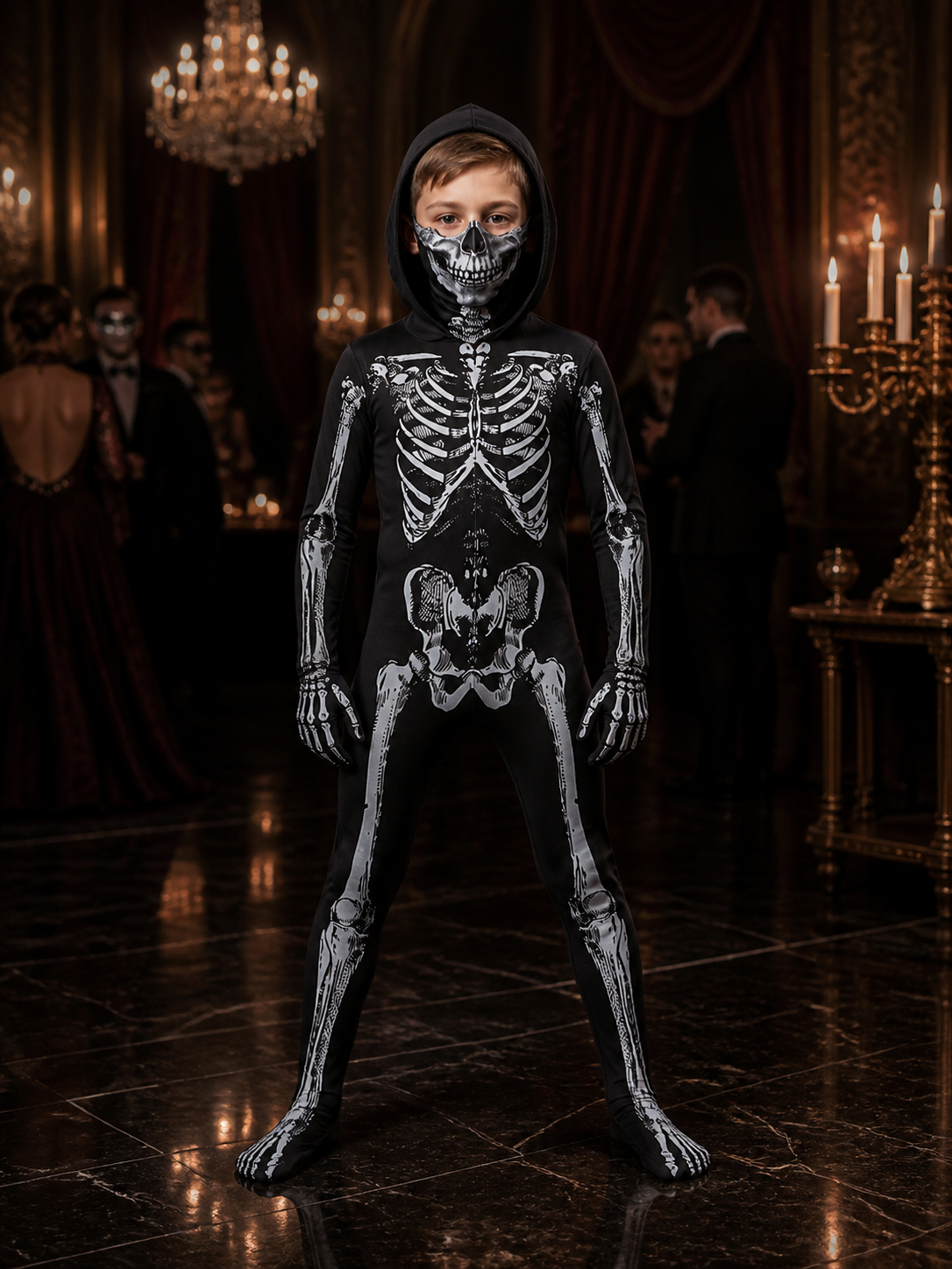 Kids Skeleton Hooded Bodysuit Costume, Black and White Bone Print Halloween Costumes detail