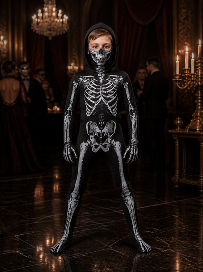 Kids Skeleton Hooded Bodysuit Costume, Black and White Bone Print Halloween Costumes detail