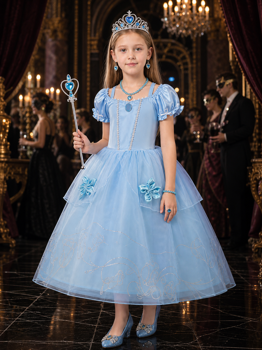 Girls Princess Costume Dress with Crown, Wand & Jewelry Set - Blue Sparkly Costume Dresses detail