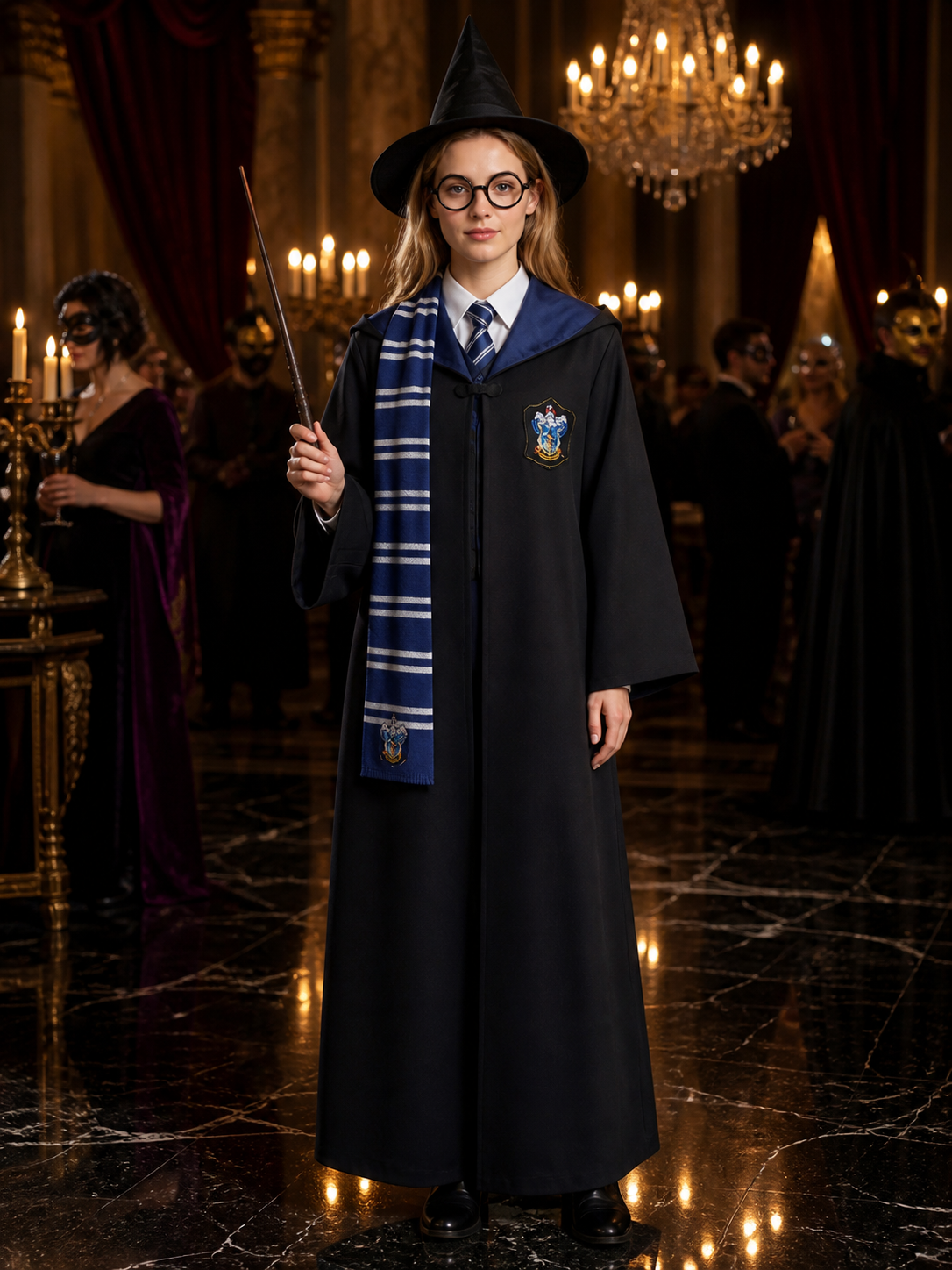 Wizard Academy Robe Costume Set With Hat, Scarf, Tie, Glasses And Wand Costume Headwear detail