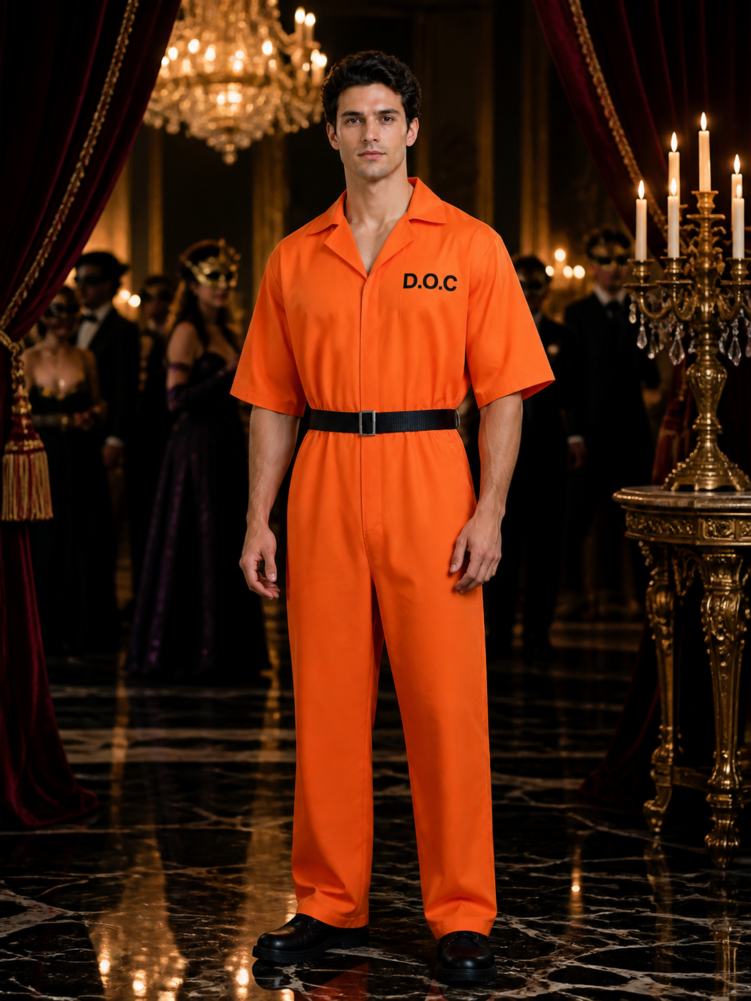Orange Plus Size Prisoner Jumpsuit Costume, Collared Short-Sleeve Halloween Costumes detail