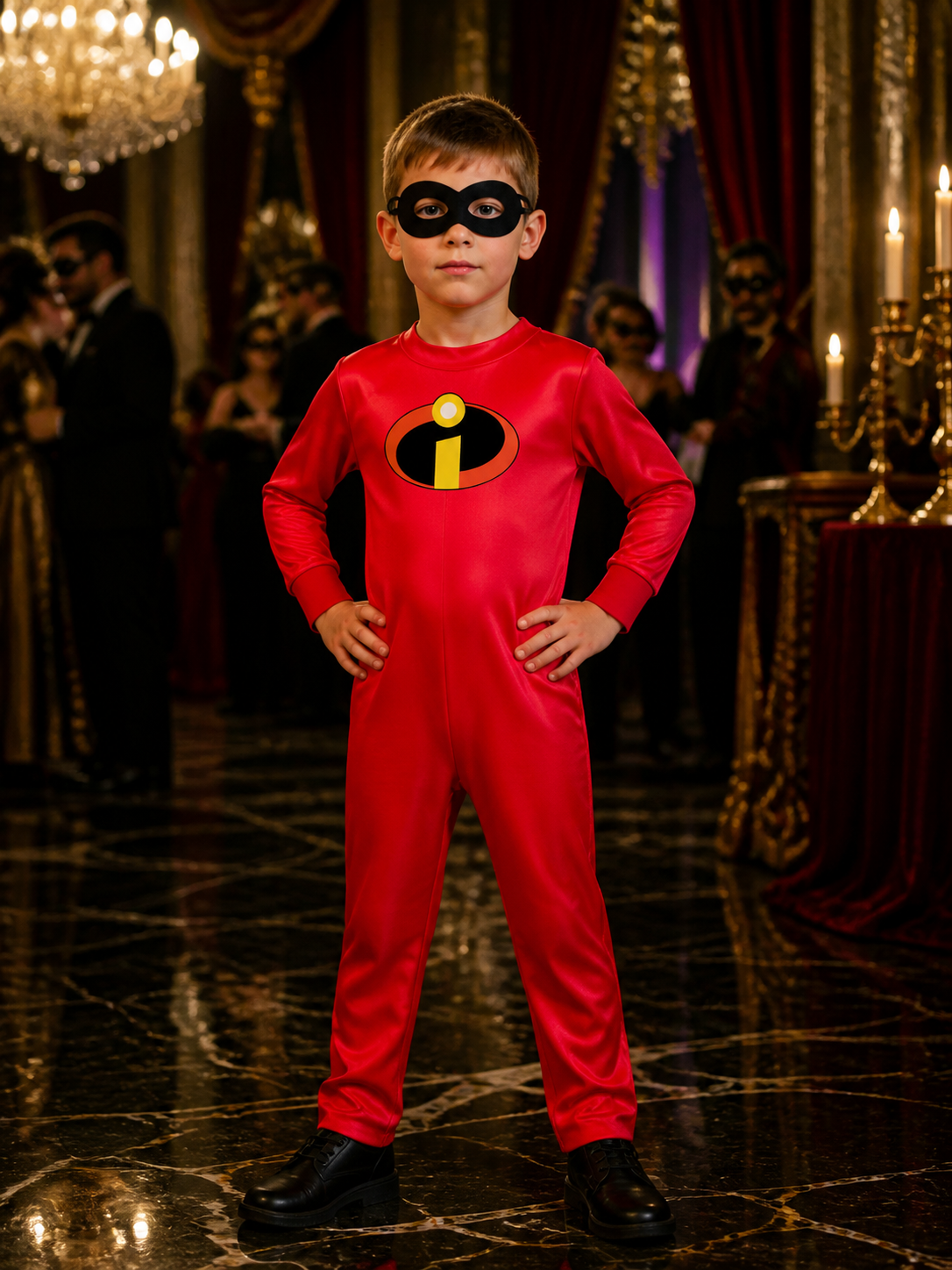Kids' Red Superhero Long-Sleeve Bodysuit Costume With Character Mask Costume Masks detail