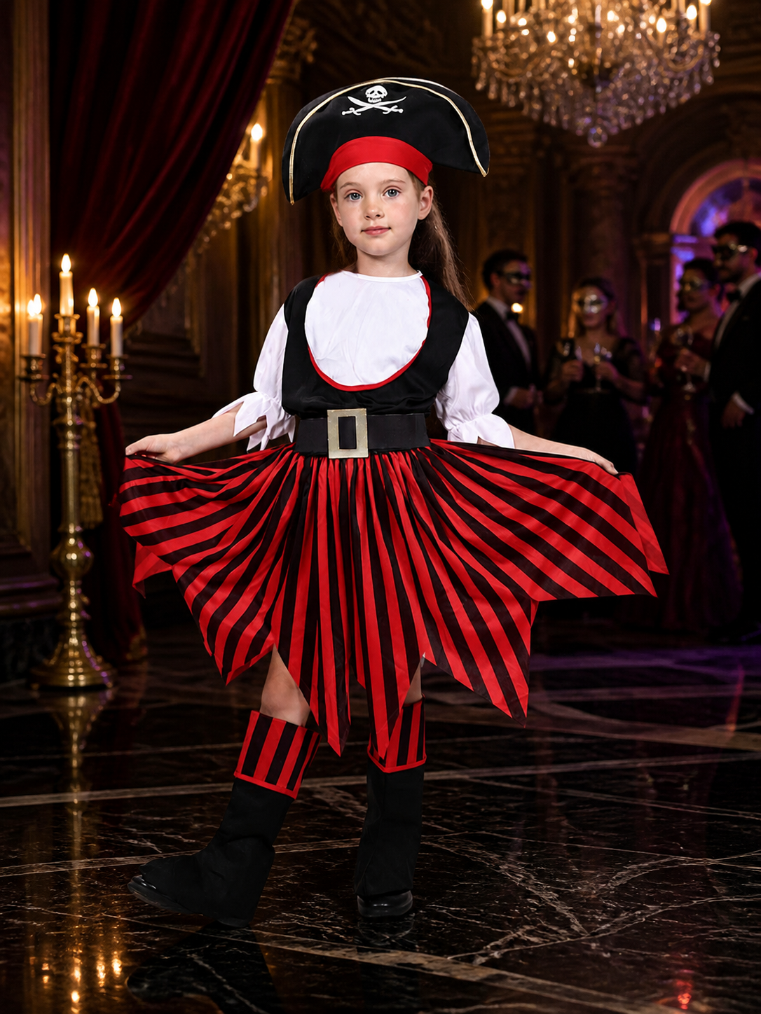 Women's Pirate Costume Set with Skull Print Dress, Tricorn Hat & Boots Costume Dresses detail