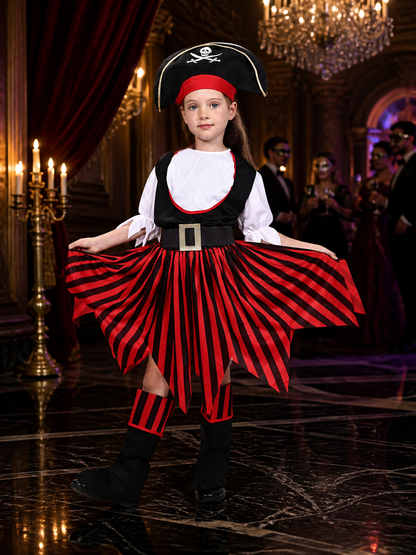Women's Pirate Costume Set with Skull Print Dress, Tricorn Hat & Boots Costume Dresses detail